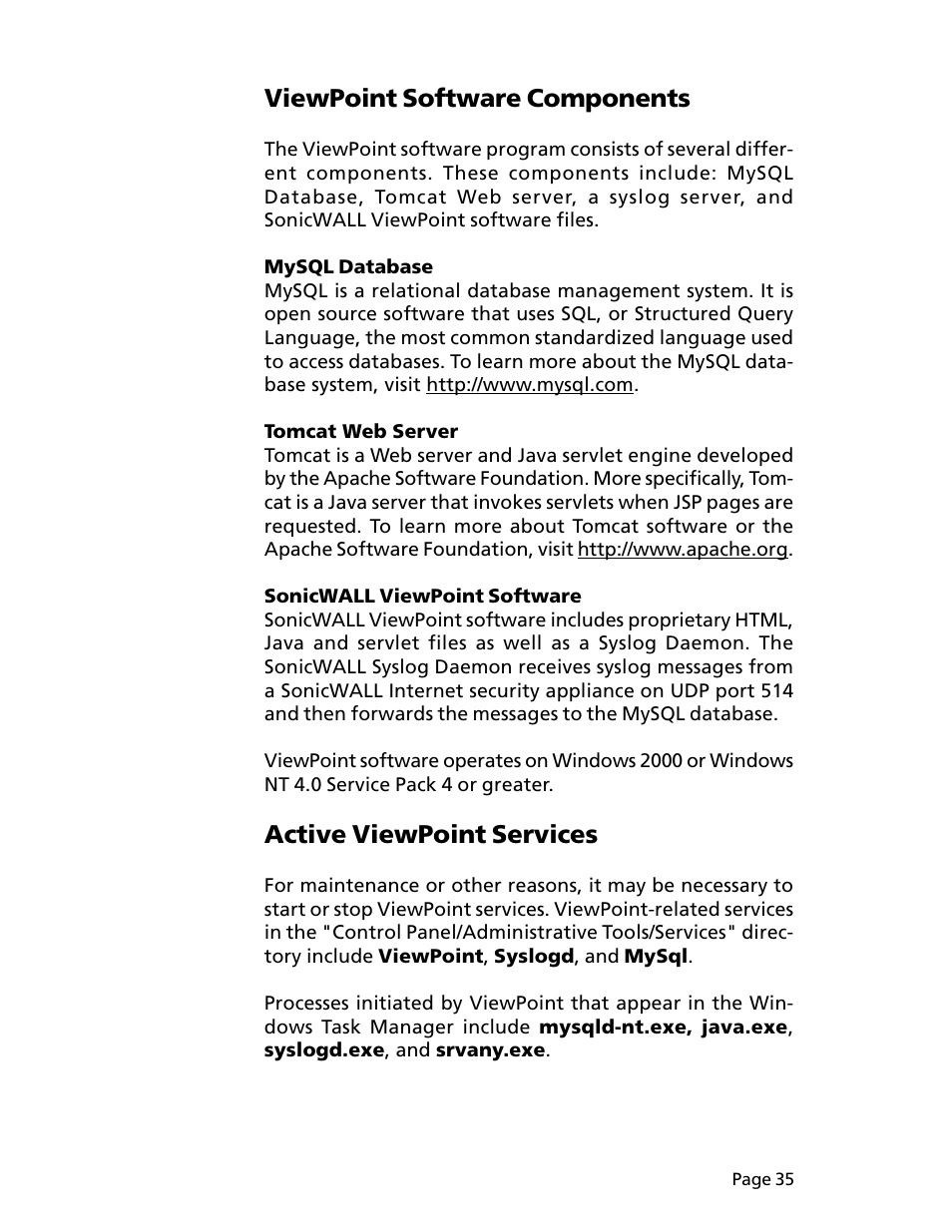 Viewpoint software components, Active viewpoint services | SonicWALL ViewPoint User Manual | Page 36 / 37