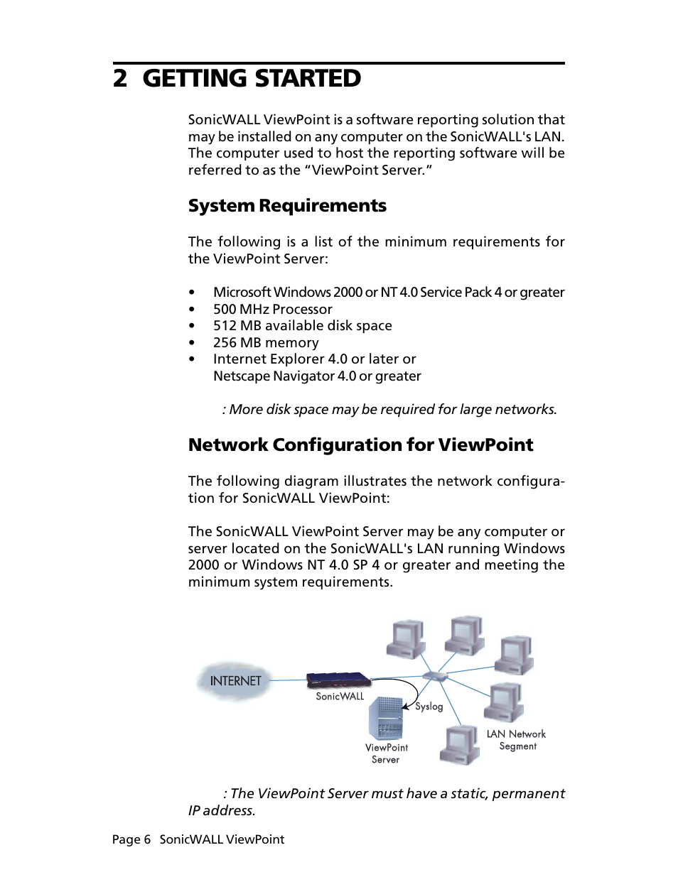 2 getting started, System requirements, Network configuration for viewpoint | SonicWALL ViewPoint User Manual | Page 7 / 37