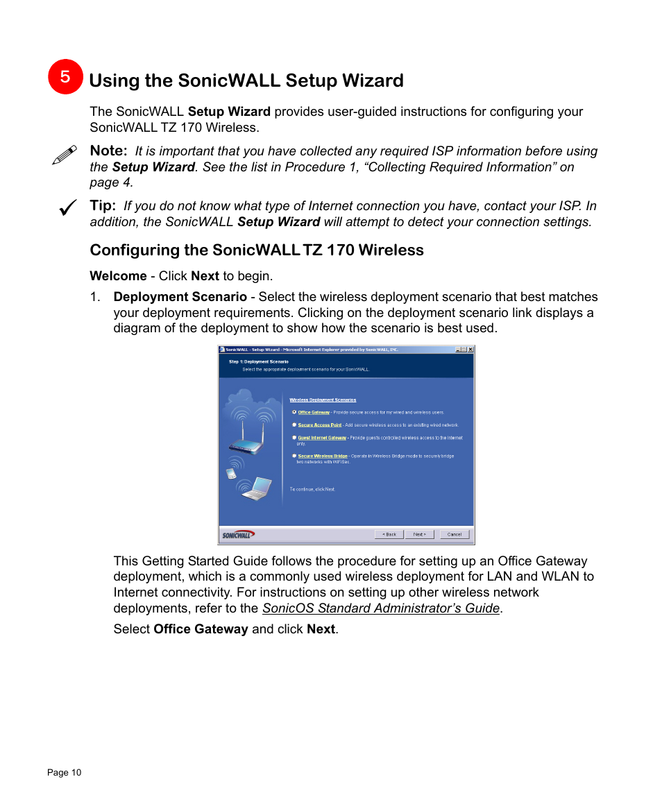 Using the sonicwall setup wizard, Configuring the sonicwall tz 170 wireless | SonicWALL TZ 170 User Manual | Page 11 / 42