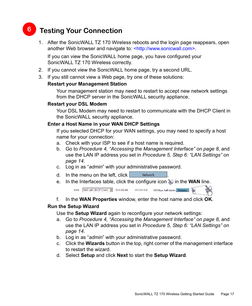 Testing your connection | SonicWALL TZ 170 User Manual | Page 18 / 42
