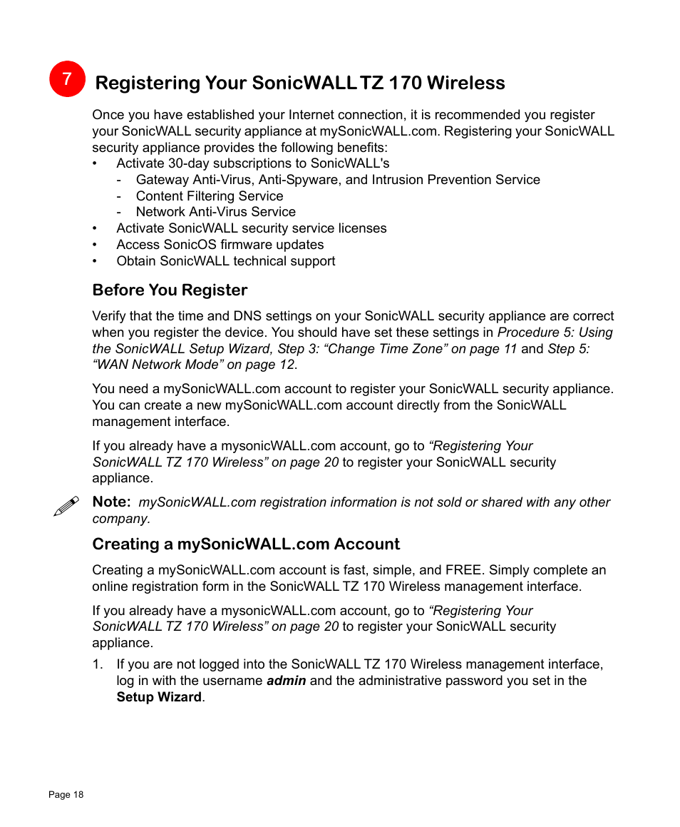 Registering your sonicwall tz 170 wireless, Before you register, Creating a mysonicwall.com account | SonicWALL TZ 170 User Manual | Page 19 / 42