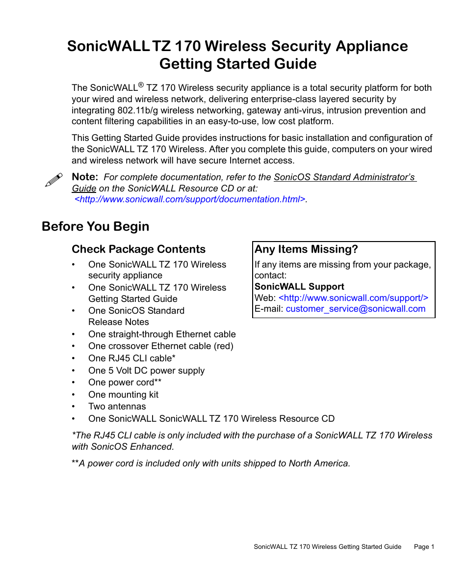 Before you begin, Check package contents, Any items missing | SonicWALL TZ 170 User Manual | Page 2 / 42