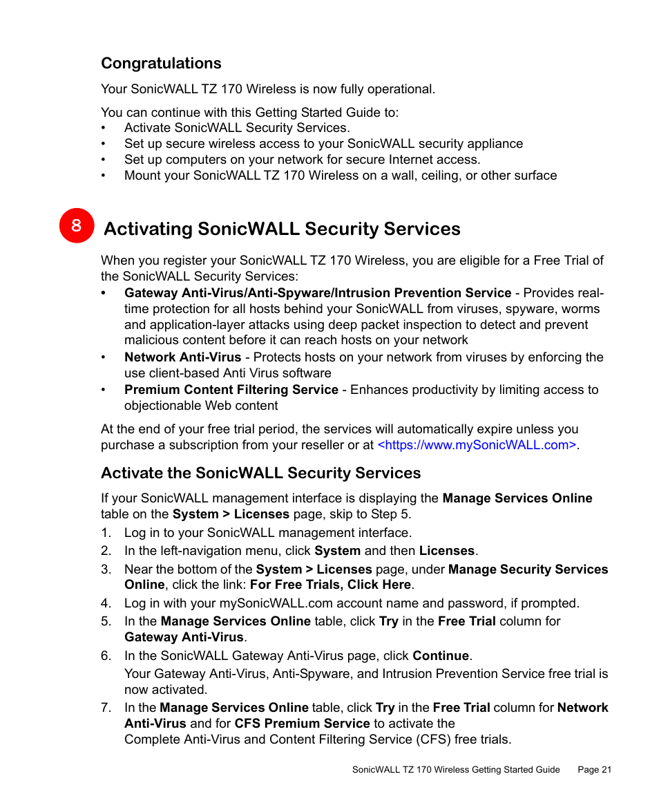 Congratulations, Activating sonicwall security services, Activate the sonicwall security services | SonicWALL TZ 170 User Manual | Page 22 / 42