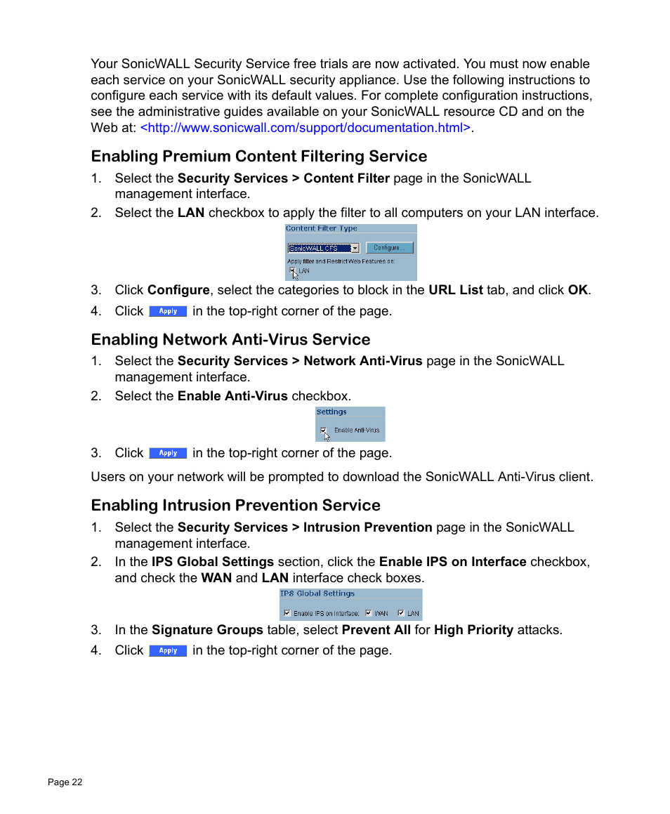 Enabling premium content filtering service, Enabling network anti-virus service, Enabling intrusion prevention service | SonicWALL TZ 170 User Manual | Page 23 / 42