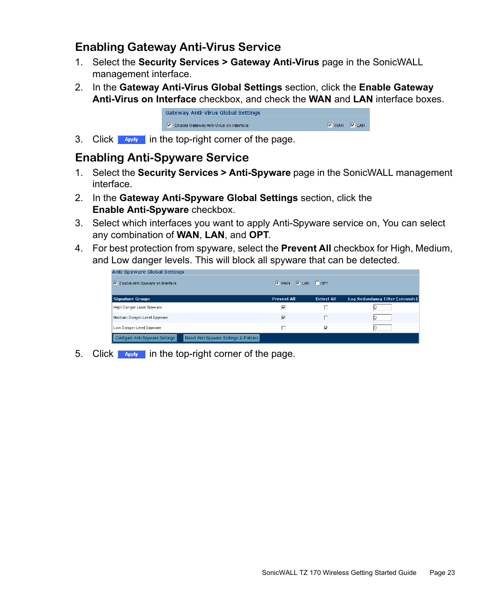 Enabling gateway anti-virus service, Enabling anti-spyware service | SonicWALL TZ 170 User Manual | Page 24 / 42