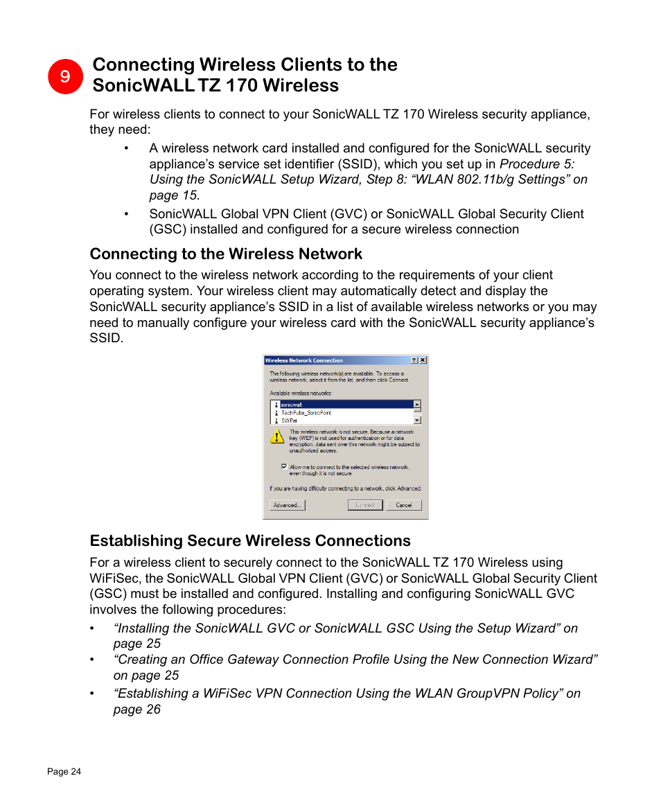 Connecting to the wireless network, Establishing secure wireless connections | SonicWALL TZ 170 User Manual | Page 25 / 42