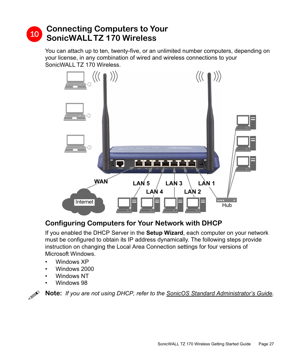 Configuring computers for your network with dhcp | SonicWALL TZ 170 User Manual | Page 28 / 42