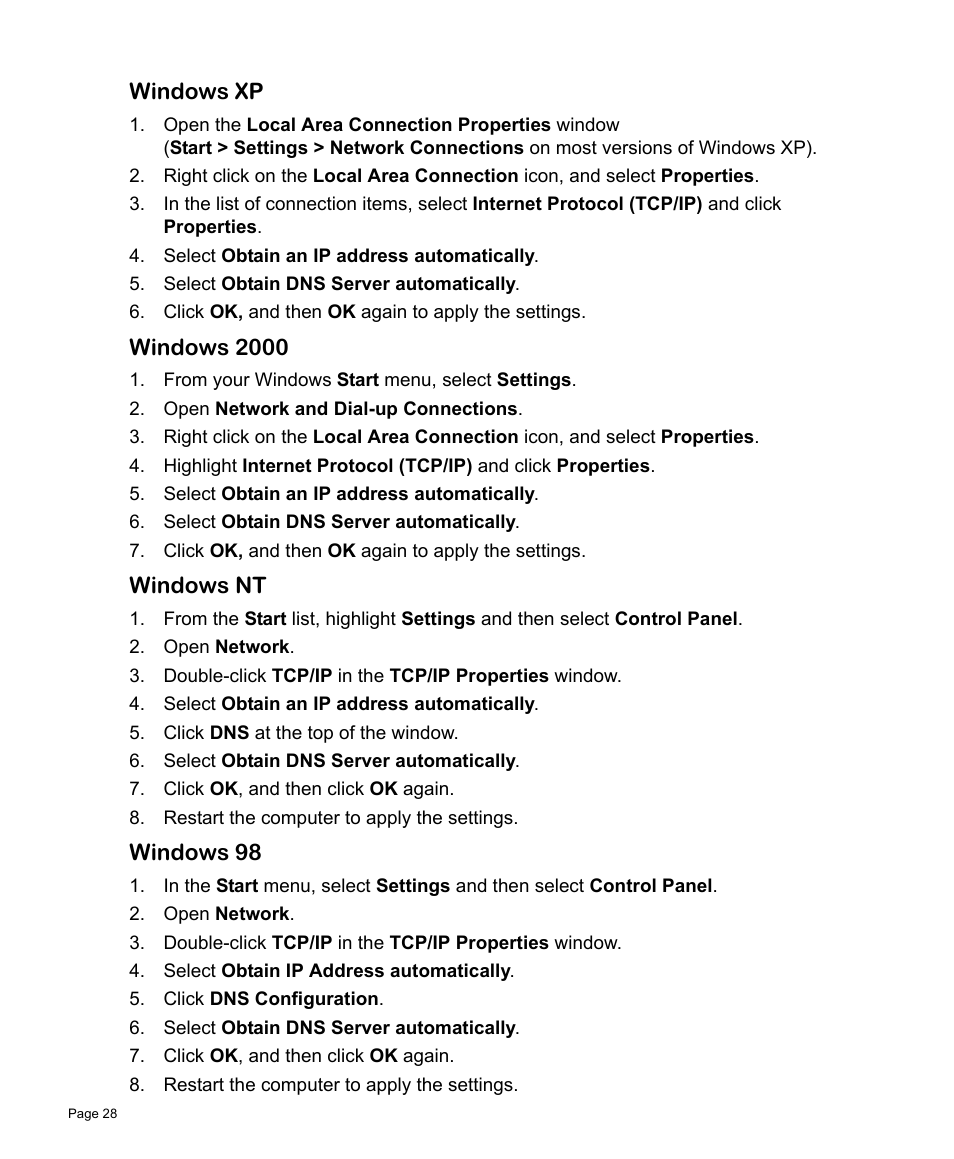 Windows xp, Windows 2000, Windows nt | Windows 98 | SonicWALL TZ 170 User Manual | Page 29 / 42