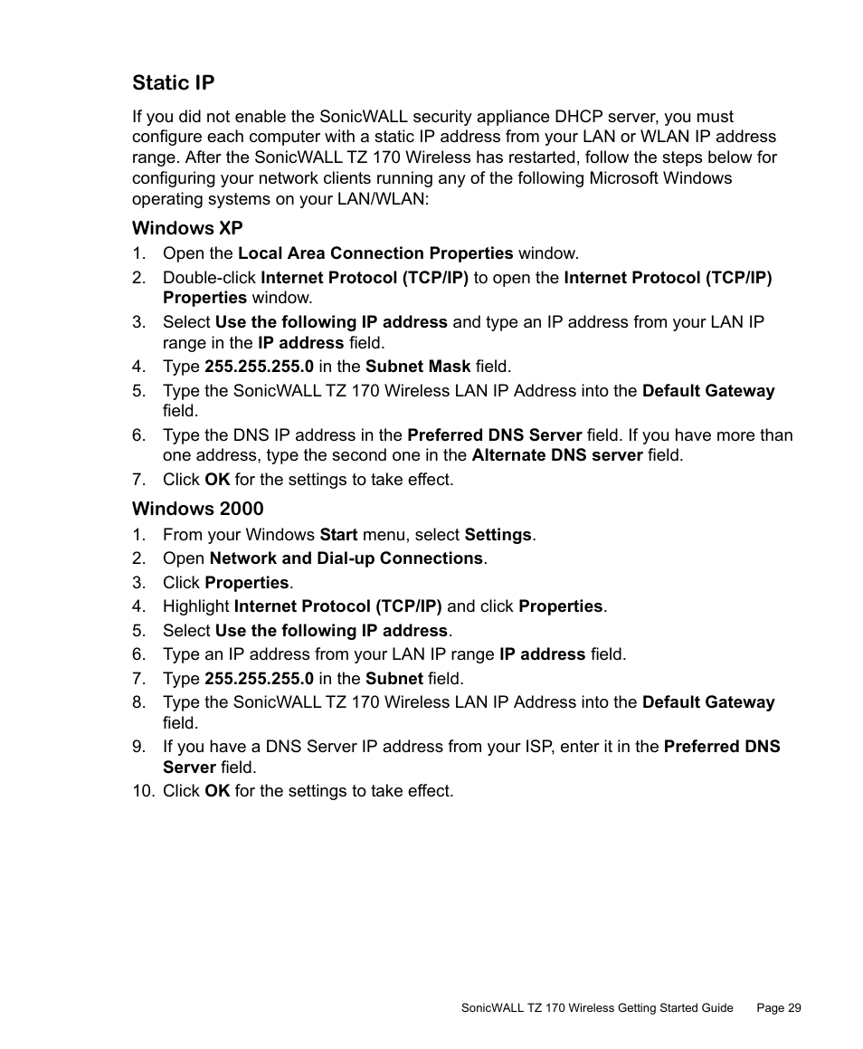 Static ip | SonicWALL TZ 170 User Manual | Page 30 / 42