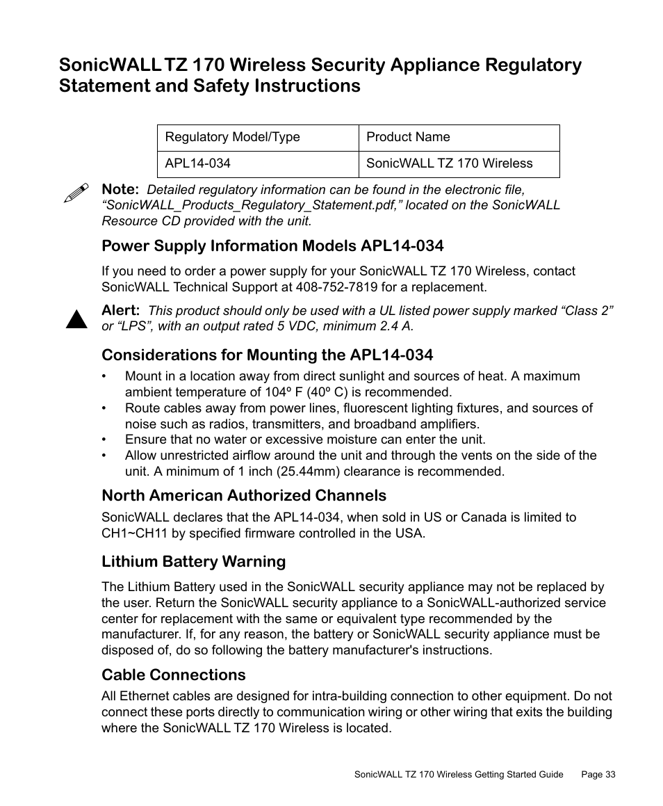 Power supply information models apl14-034, Considerations for mounting the apl14-034, North american authorized channels | Lithium battery warning, Cable connections | SonicWALL TZ 170 User Manual | Page 34 / 42