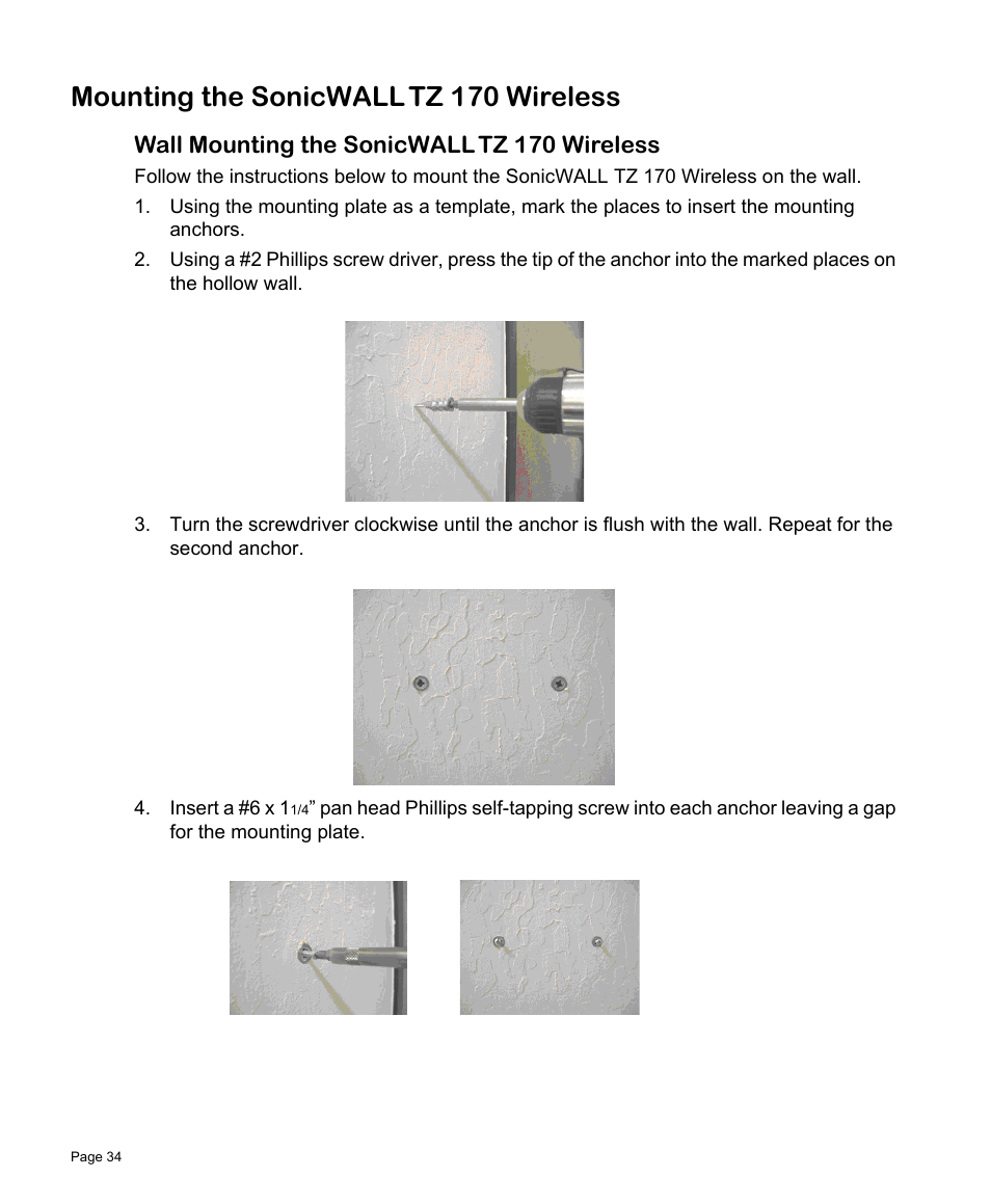 Mounting the sonicwall tz 170 wireless, Wall mounting the sonicwall tz 170 wireless | SonicWALL TZ 170 User Manual | Page 35 / 42
