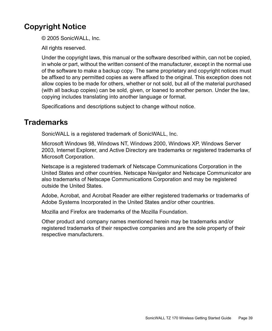 Copyright notice, Trademarks | SonicWALL TZ 170 User Manual | Page 40 / 42