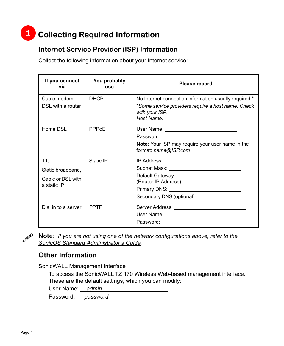 Collecting required information, Internet service provider (isp) information, Other information | SonicWALL TZ 170 User Manual | Page 5 / 42