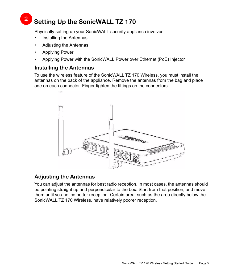 Setting up the sonicwall tz 170, Installing the antennas, Adjusting the antennas | SonicWALL TZ 170 User Manual | Page 6 / 42