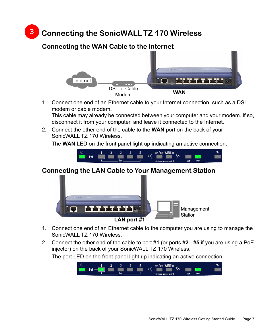 Connecting the sonicwall tz 170 wireless, Connecting the wan cable to the internet, Connecting | Sonicwall tz 170 wireless | SonicWALL TZ 170 User Manual | Page 8 / 42