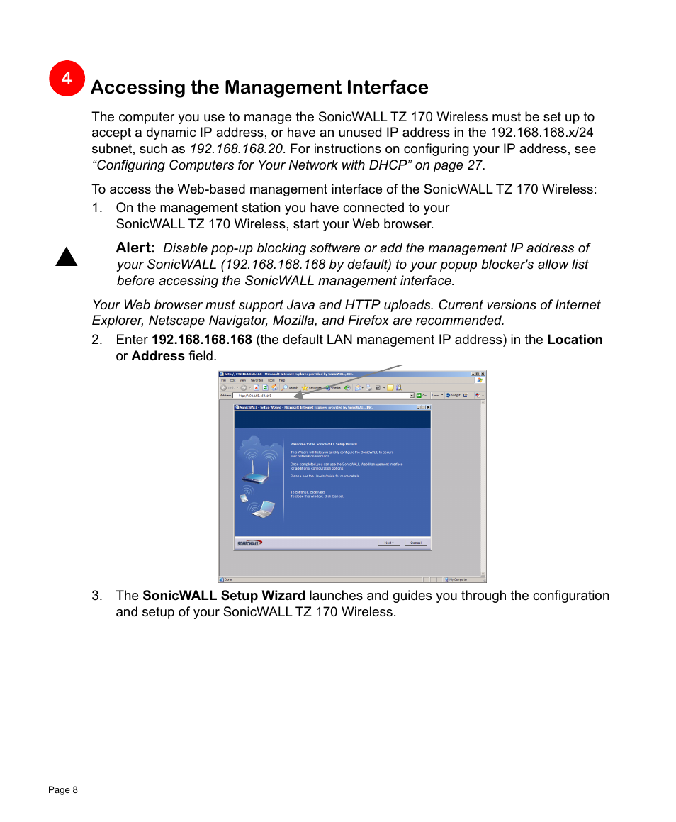 Accessing the management interface | SonicWALL TZ 170 User Manual | Page 9 / 42