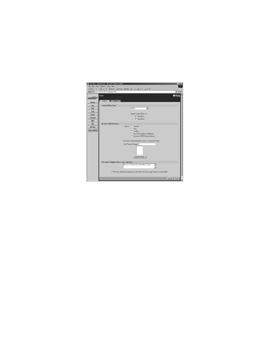 Configuring n2h2 internet filtering, Restrict web features | SonicWALL Internet Security Appliances User Manual | Page 106 / 293