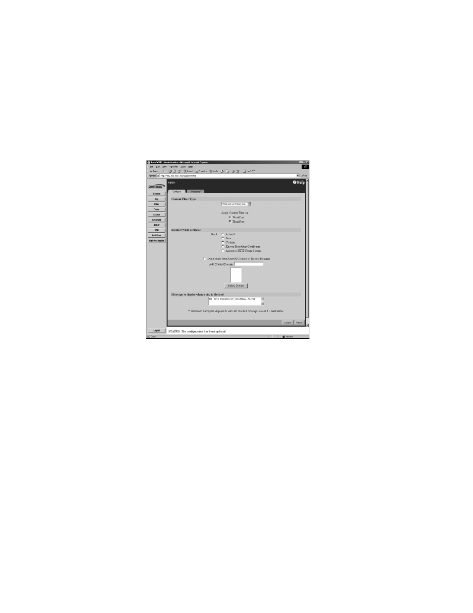 Configuring the websense enterprise content filter, Restrict web features | SonicWALL Internet Security Appliances User Manual | Page 109 / 293