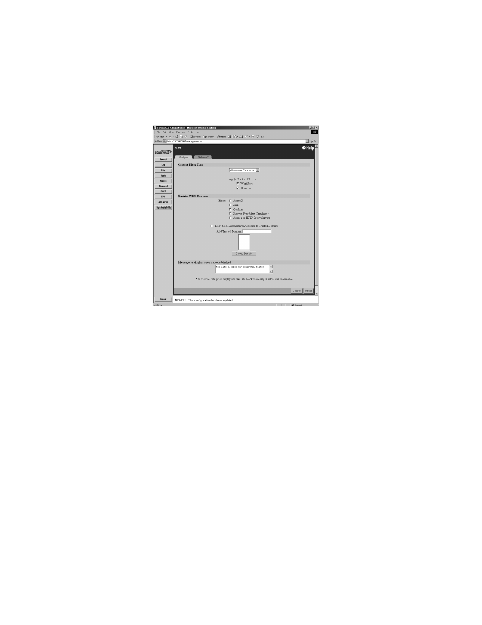 Configuring the websense content filter list, Websense server status, Settings | SonicWALL Internet Security Appliances User Manual | Page 111 / 293