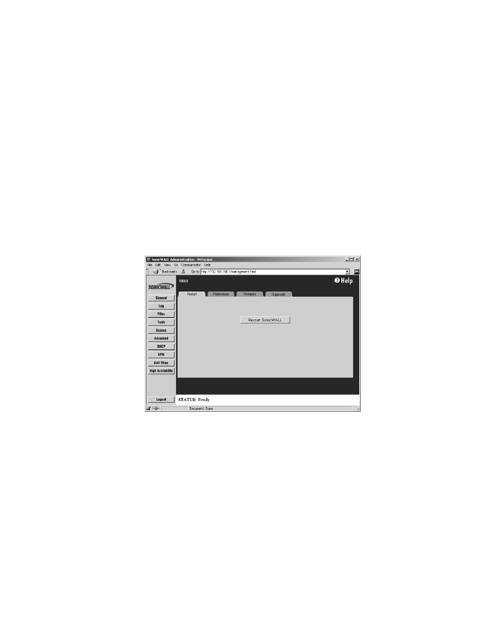 9 web management tools, Restarting the sonicwall | SonicWALL Internet Security Appliances User Manual | Page 113 / 293