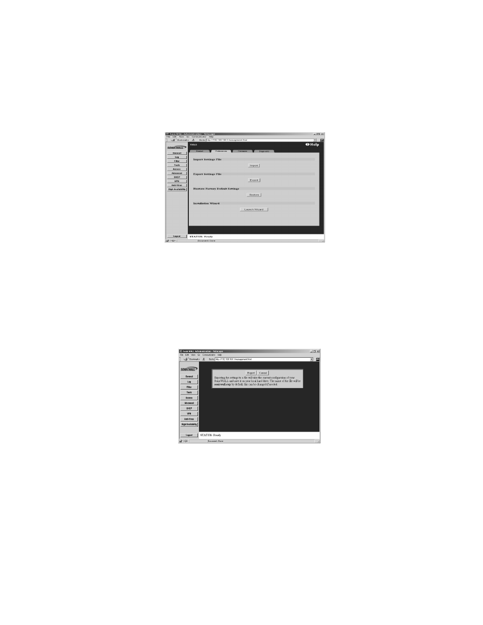 Preferences, Exporting the settings file | SonicWALL Internet Security Appliances User Manual | Page 114 / 293