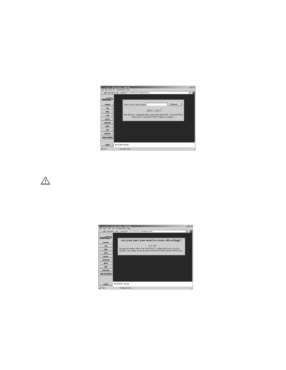 Importing the settings file, Restoring factory default settings | SonicWALL Internet Security Appliances User Manual | Page 115 / 293