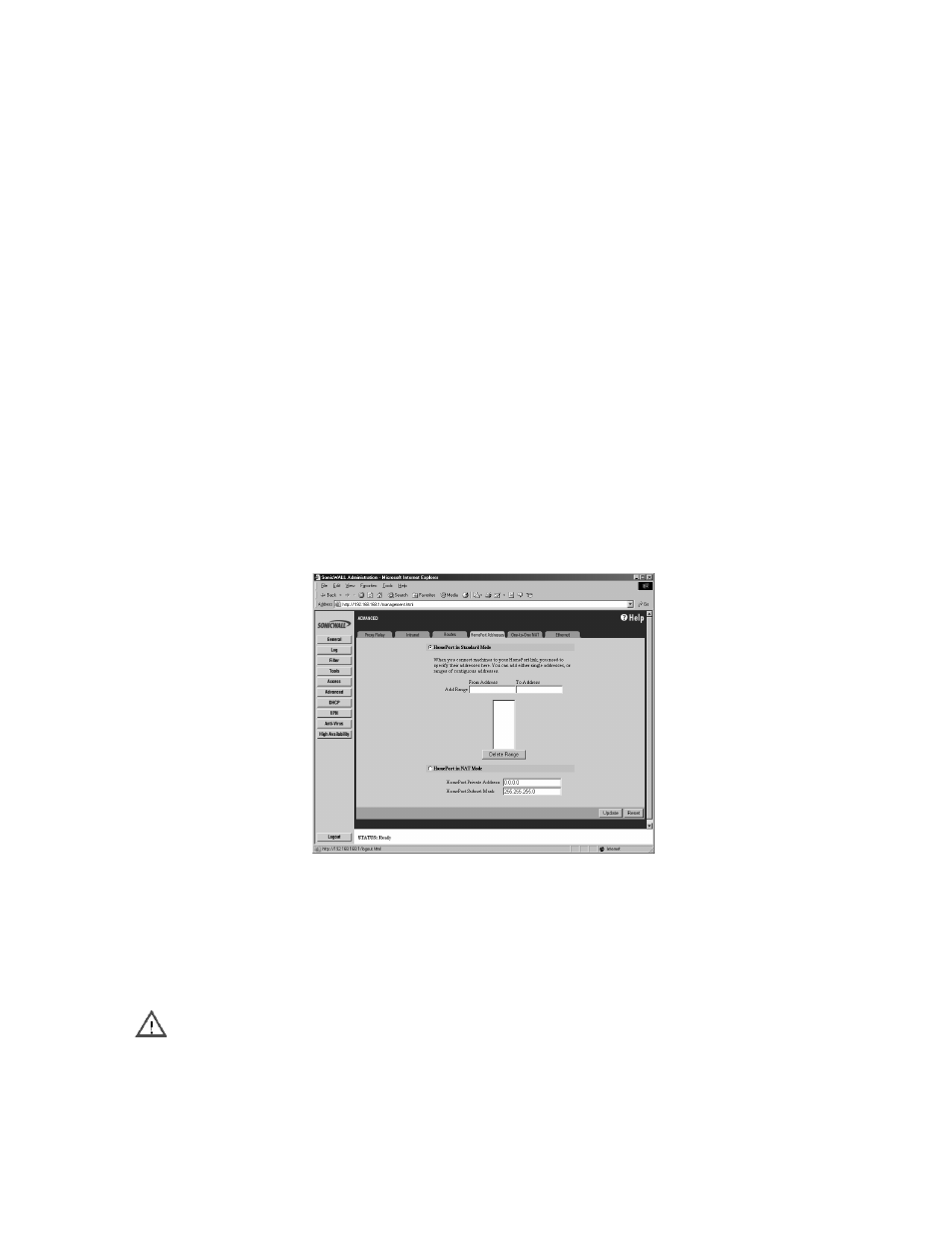 Delete a dmz address range, Homeport configuration, Homeport in standard mode | SonicWALL Internet Security Appliances User Manual | Page 157 / 293