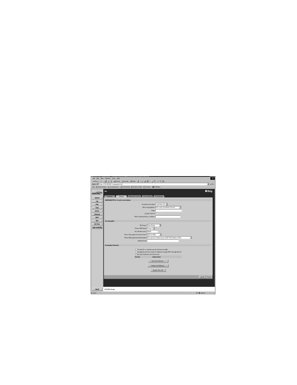Configure tab, Add/modify ipsec security associations | SonicWALL Internet Security Appliances User Manual | Page 180 / 293