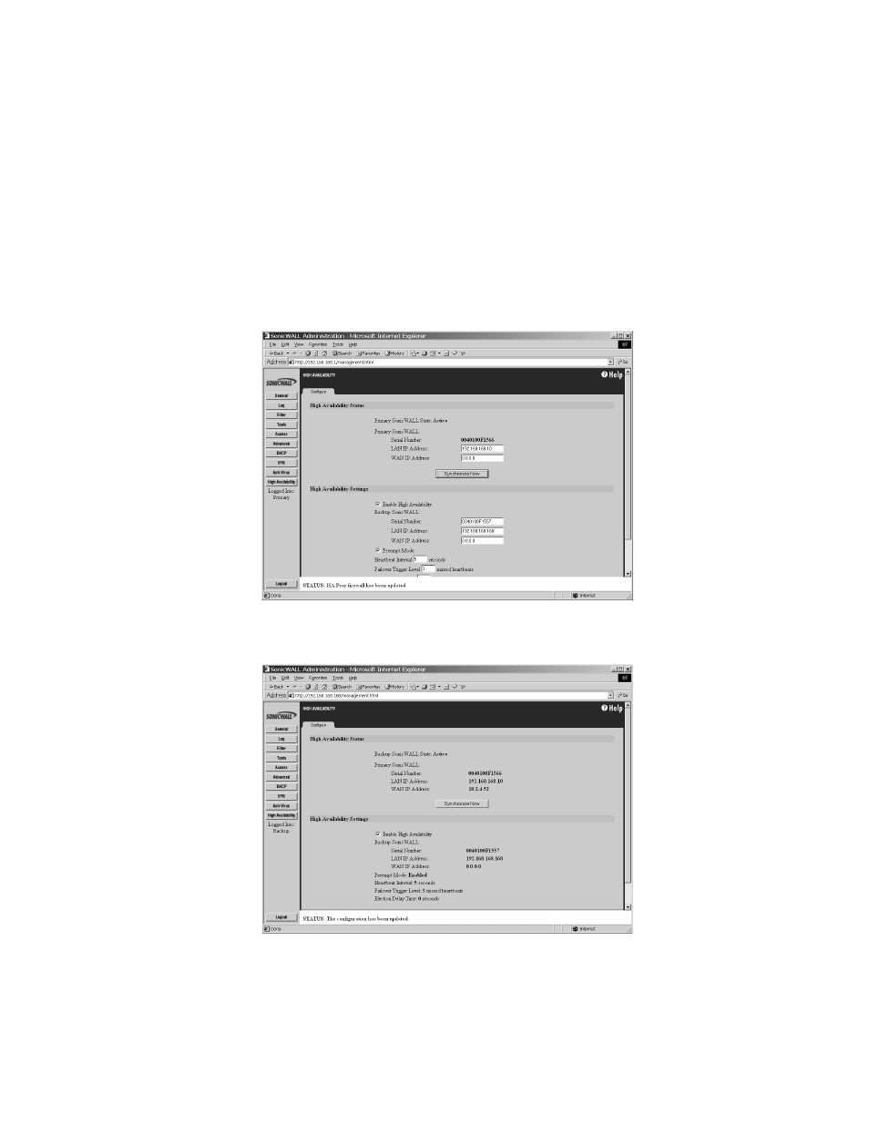 High availability status window | SonicWALL Internet Security Appliances User Manual | Page 229 / 293