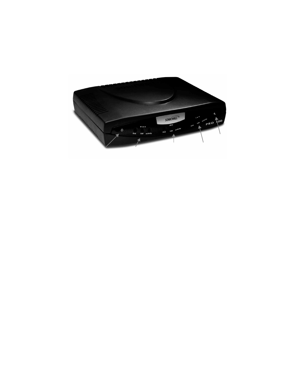 Sonicwall pro 100 front panel, Sonicwall pro 100 front panel description | SonicWALL Internet Security Appliances User Manual | Page 240 / 293
