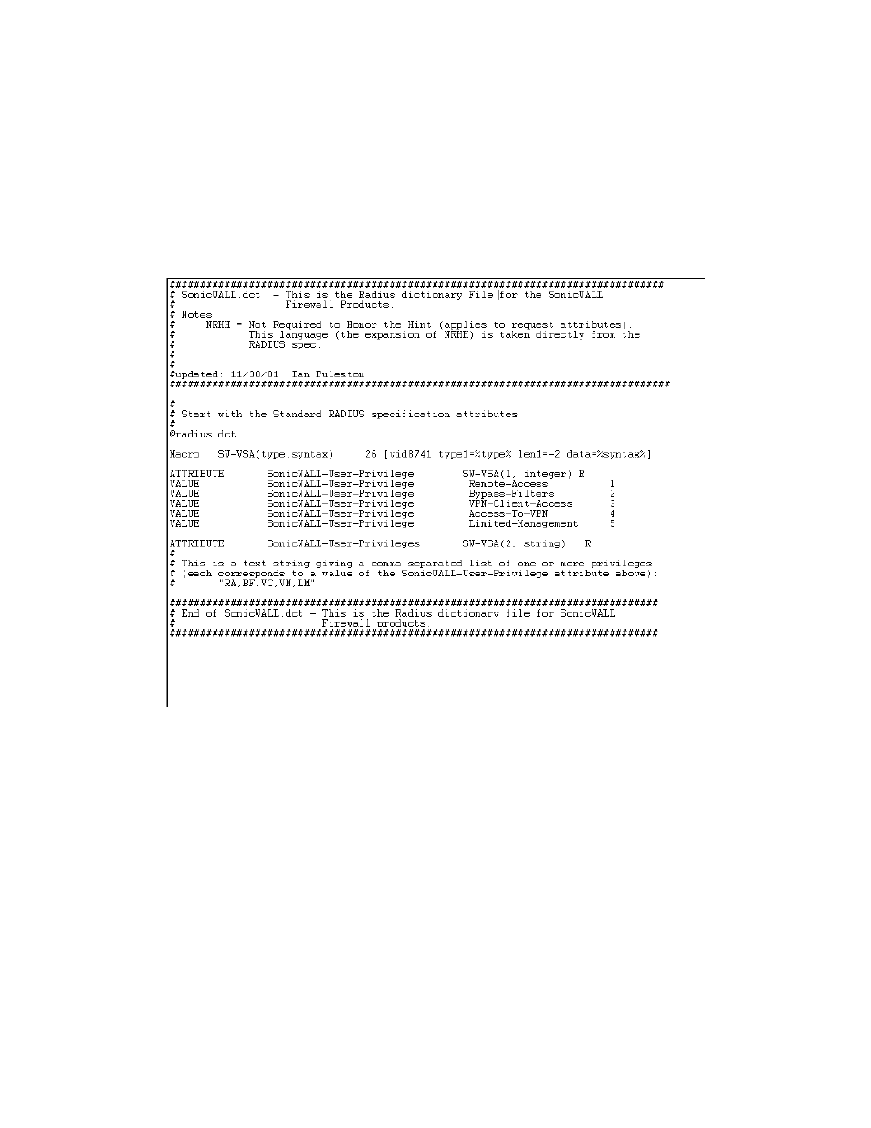 Radius attributes dictionary | SonicWALL Internet Security Appliances User Manual | Page 282 / 293