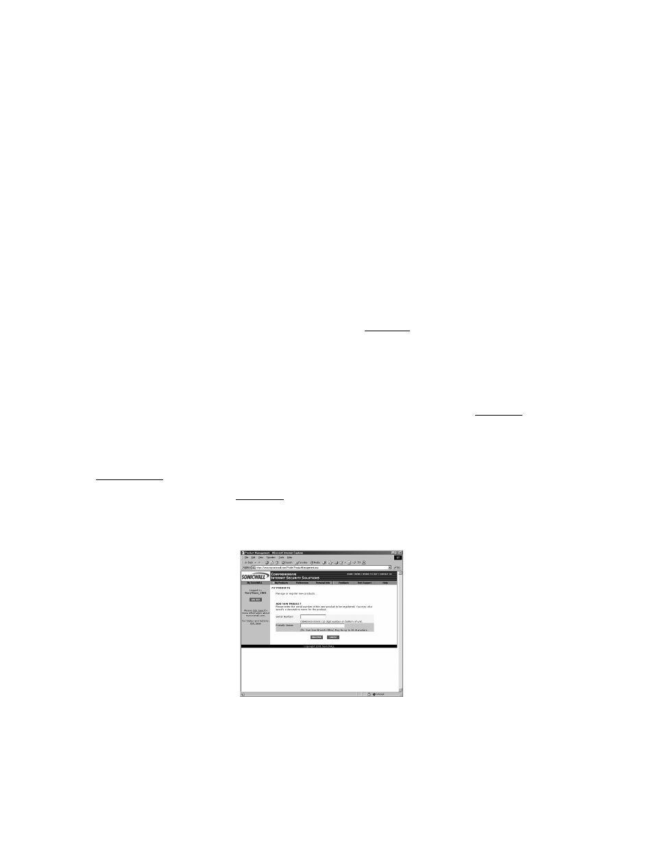 Problems creating a mysonicwall.com user account, User name and password functions, Click here registration | SonicWALL Internet Security Appliances User Manual | Page 50 / 293