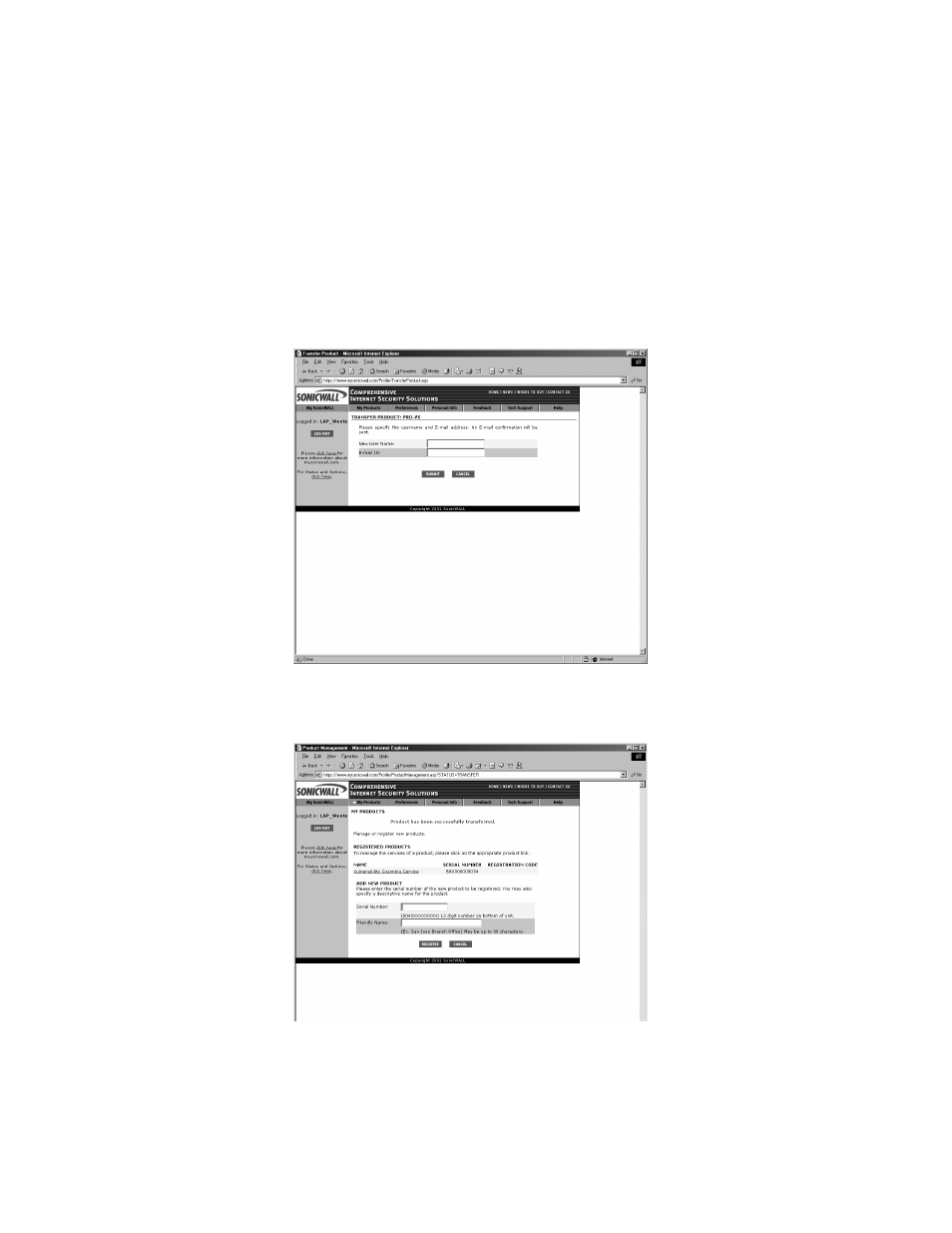 Transferring a sonicwall product | SonicWALL Internet Security Appliances User Manual | Page 54 / 293