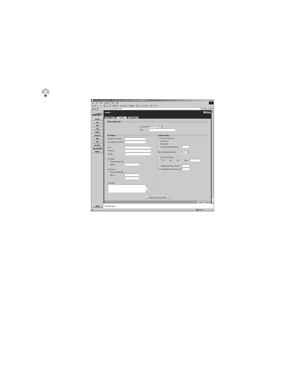 Configuring modem profiles, Dial-up configuration | SonicWALL Internet Security Appliances User Manual | Page 60 / 293
