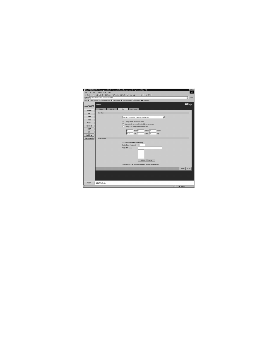 Setting the time and date, Ntp settings | SonicWALL Internet Security Appliances User Manual | Page 87 / 293
