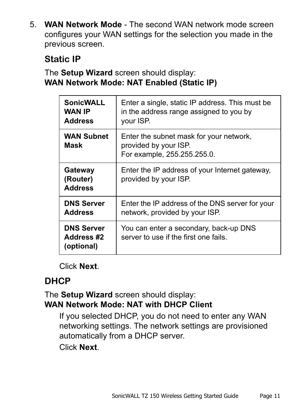 Static ip, Dhcp | SonicWALL TZ 150 Wireless User Manual | Page 12 / 38