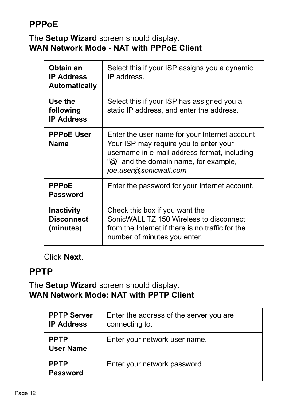 Pppoe, Pptp | SonicWALL TZ 150 Wireless User Manual | Page 13 / 38