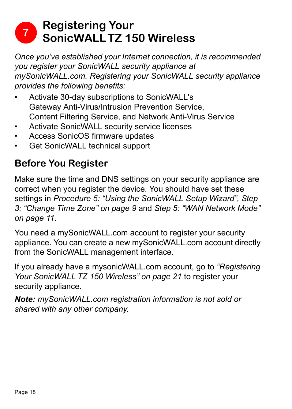 Registering your sonicwall tz 150 wireless, Before you register, Registering | Your, Sonicwall tz 150 wireless | SonicWALL TZ 150 Wireless User Manual | Page 19 / 38