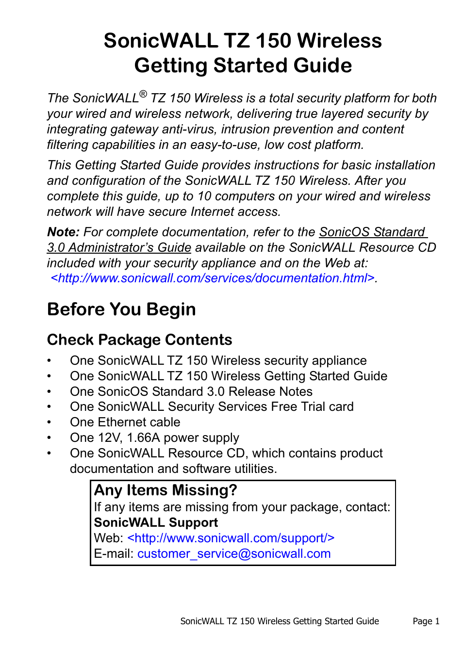 Sonicwall tz 150 wireless getting started guide, Before you begin, Check package contents | SonicWALL TZ 150 Wireless User Manual | Page 2 / 38