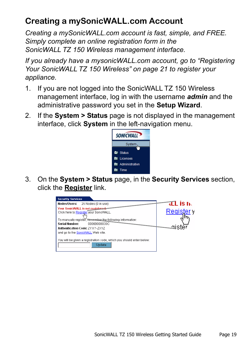 Creating a mysonicwall.com account | SonicWALL TZ 150 Wireless User Manual | Page 20 / 38