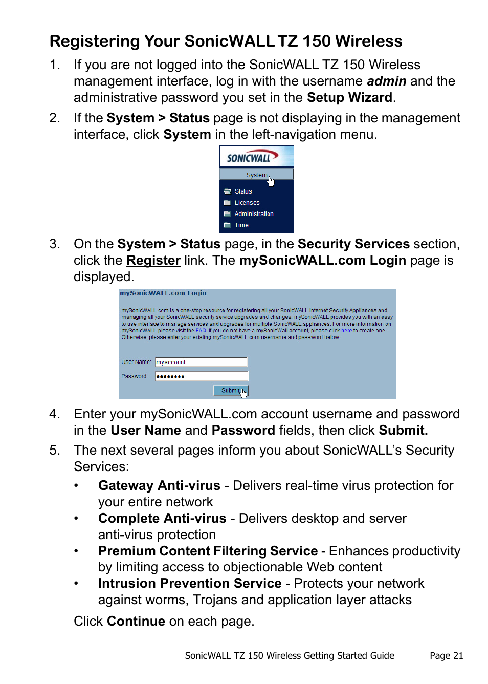 Registering your sonicwall tz 150 wireless | SonicWALL TZ 150 Wireless User Manual | Page 22 / 38
