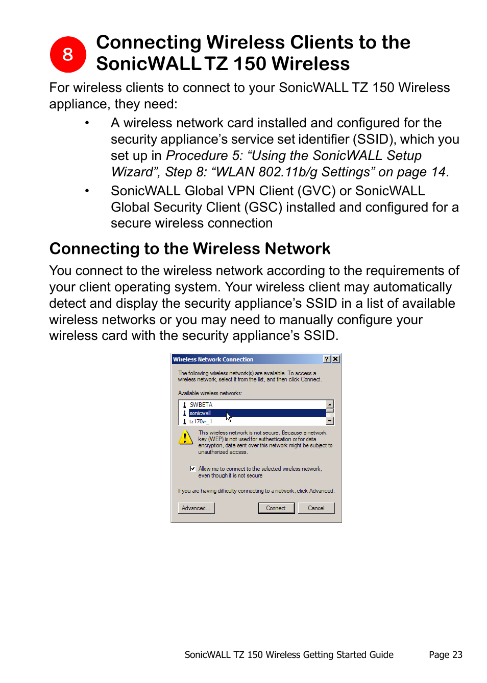 Connecting to the wireless network | SonicWALL TZ 150 Wireless User Manual | Page 24 / 38