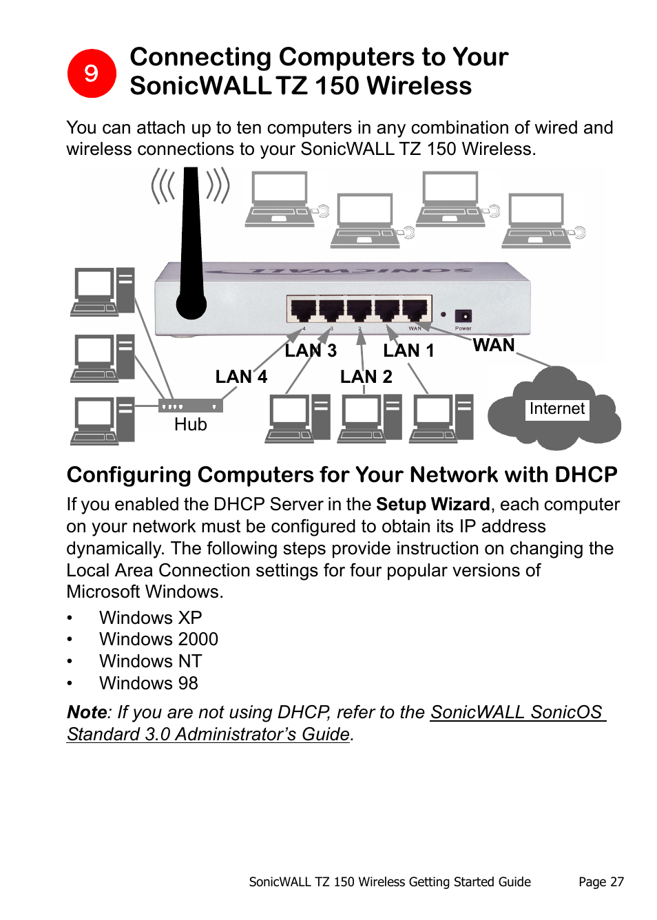 Configuring computers for your network with dhcp | SonicWALL TZ 150 Wireless User Manual | Page 28 / 38