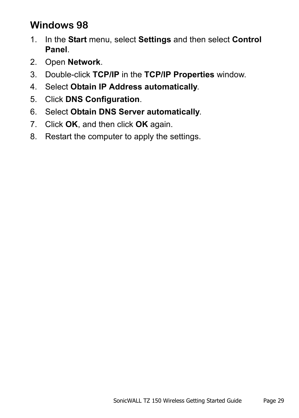 Windows 98 | SonicWALL TZ 150 Wireless User Manual | Page 30 / 38