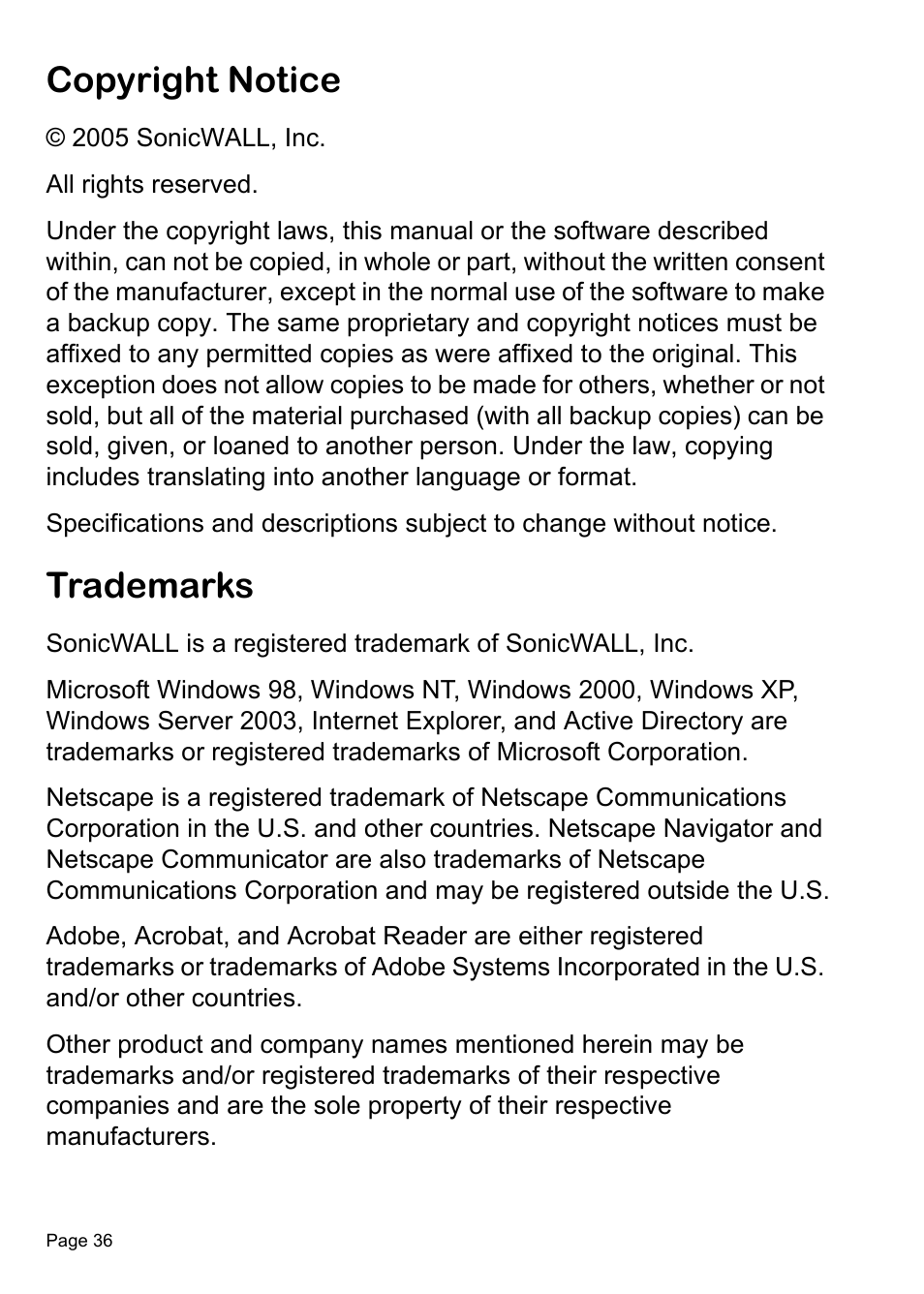 Copyright notice, Trademarks | SonicWALL TZ 150 Wireless User Manual | Page 37 / 38