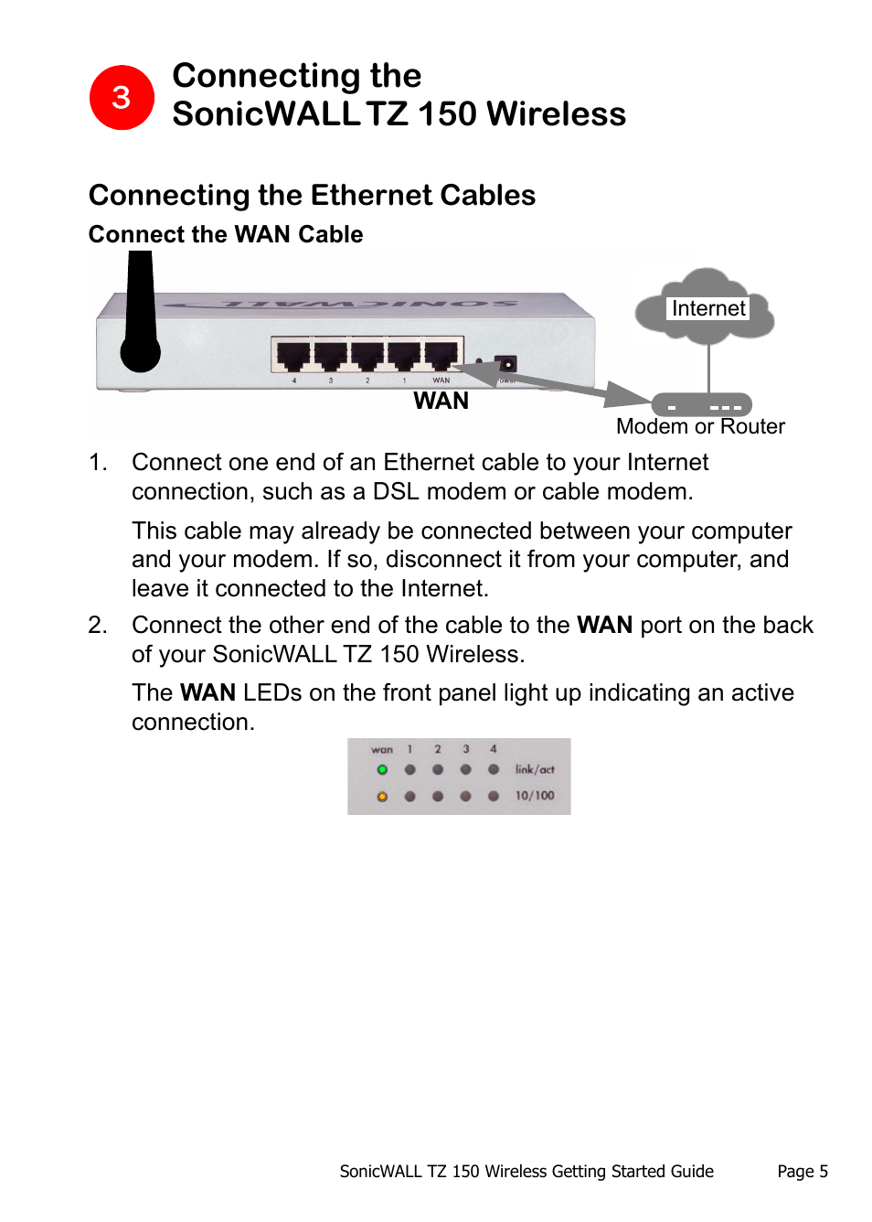 Connecting the sonicwall tz 150 wireless, Connecting the ethernet cables | SonicWALL TZ 150 Wireless User Manual | Page 6 / 38