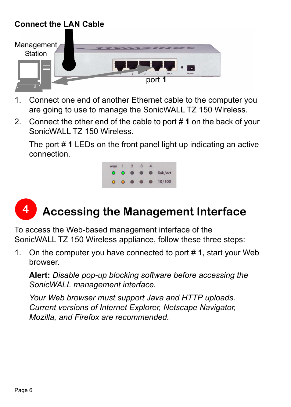 Accessing the management interface | SonicWALL TZ 150 Wireless User Manual | Page 7 / 38
