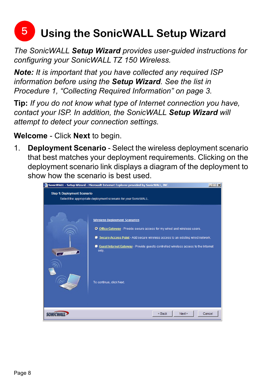 Using the sonicwall setup wizard | SonicWALL TZ 150 Wireless User Manual | Page 9 / 38