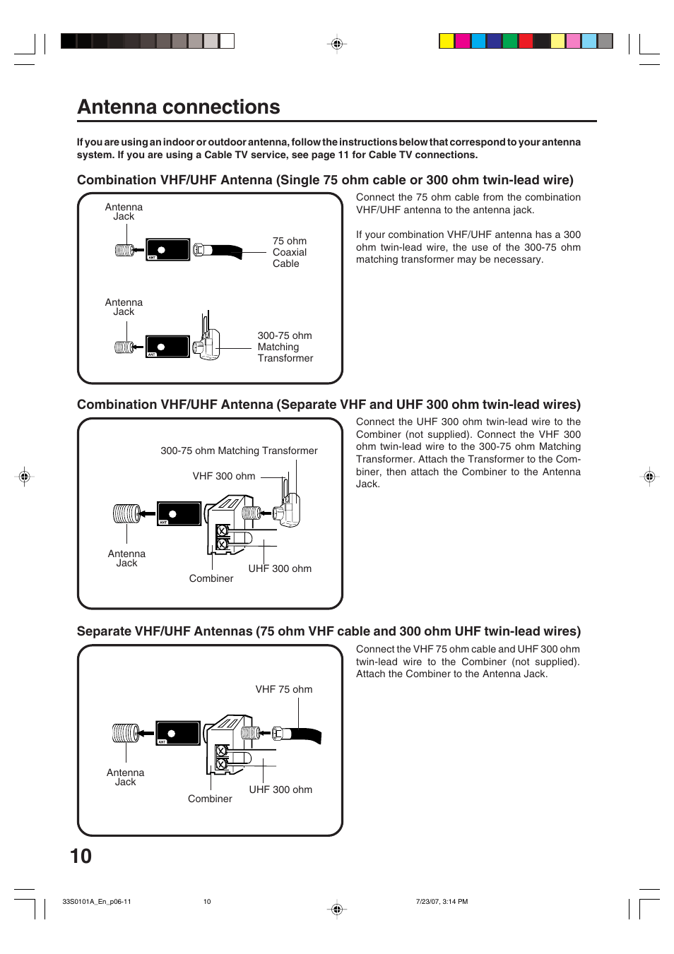 Antenna connections | Sansui HDLCD2600 User Manual | Page 10 / 44