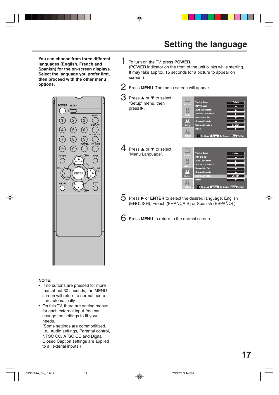 Setting the language | Sansui HDLCD2600 User Manual | Page 17 / 44